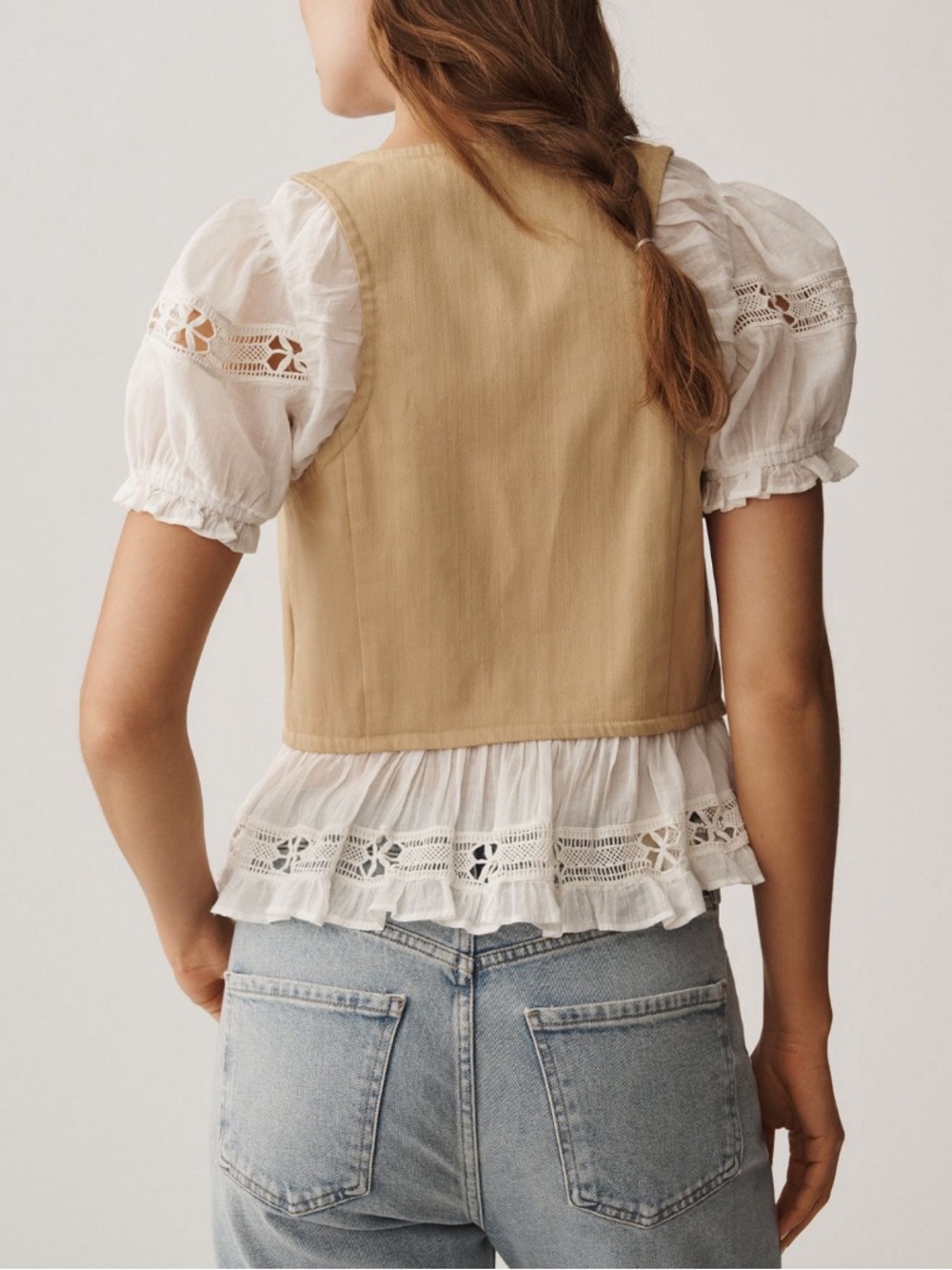 Anthropologie Beige Button-Front, Eyelets Puff Sleeve Top - Picture 3 of 8